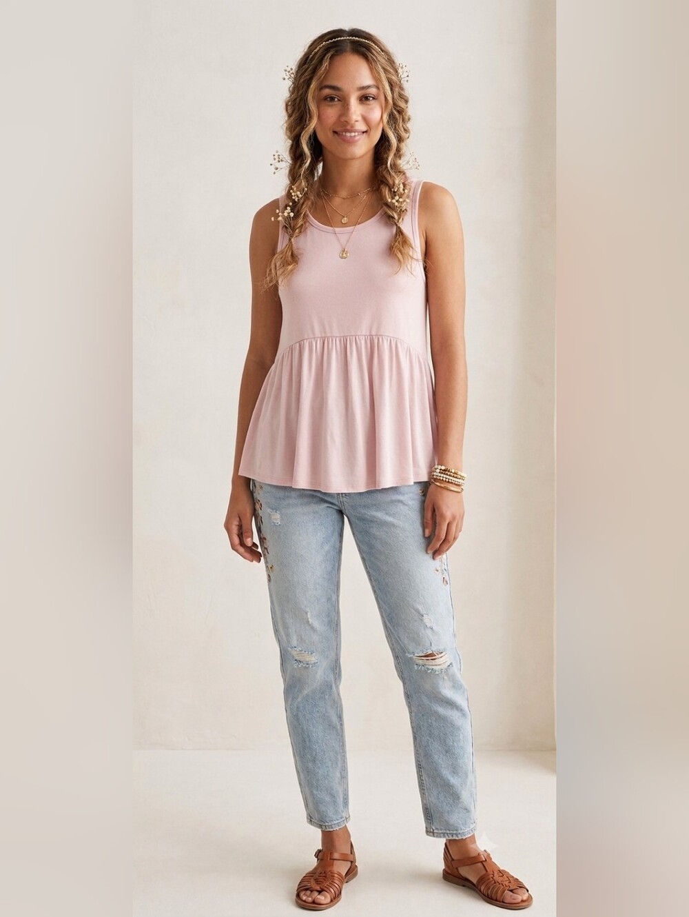 H&M Blush Pink Babydoll Peplum Cotton/Modal Blend Tank Top (Sz S)